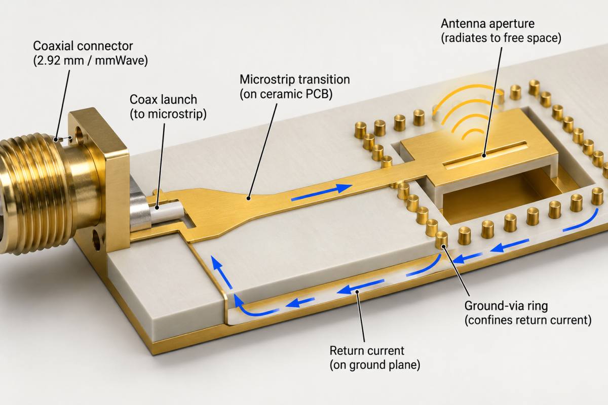 Antenna feed and return Ceramic PCB