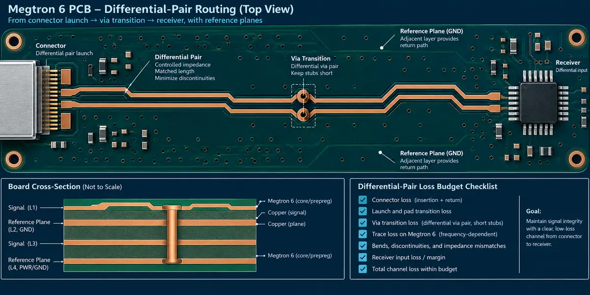 Megtron 6 differential pair routing and via transition Megtron 6 PCB