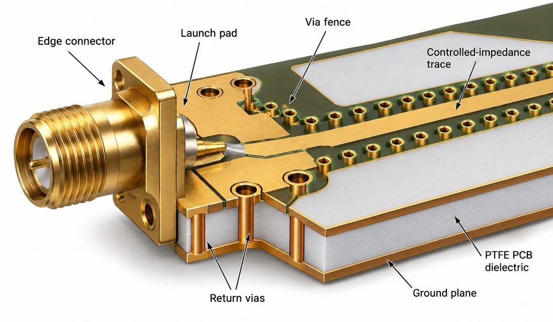 PTFE PCB Connector Launches: A Via-Transition Review for Ku-Band Front Ends