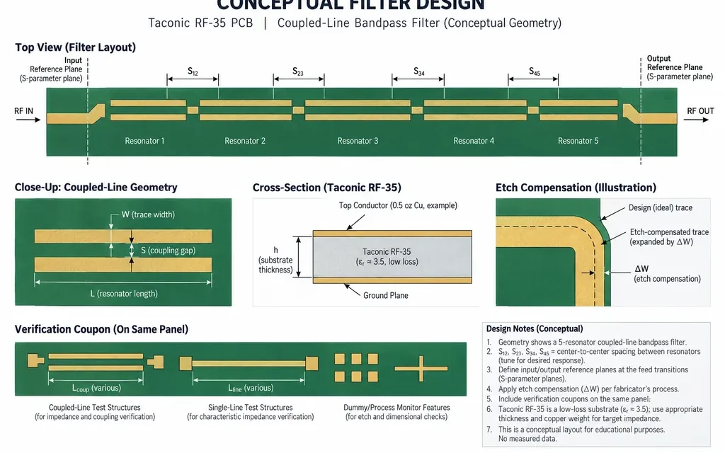 Taconic RF-35 PCB for RF Filters: Reliable Coupled-Line Geometry Through Fabrication