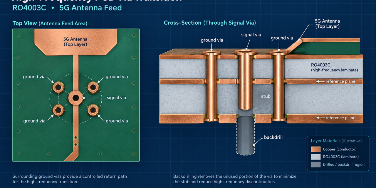 RO4003C PCB Via Transition Design for 5G Antenna Feeds