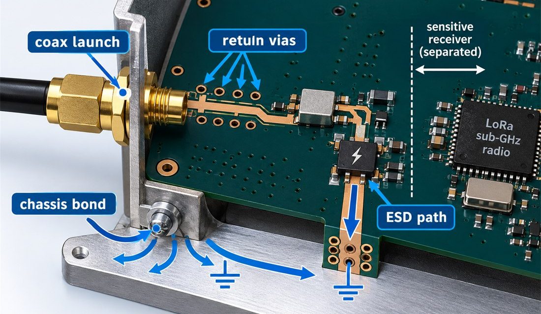 A LoRa PCB Coax Launch for Long-Cable and ESD Paths