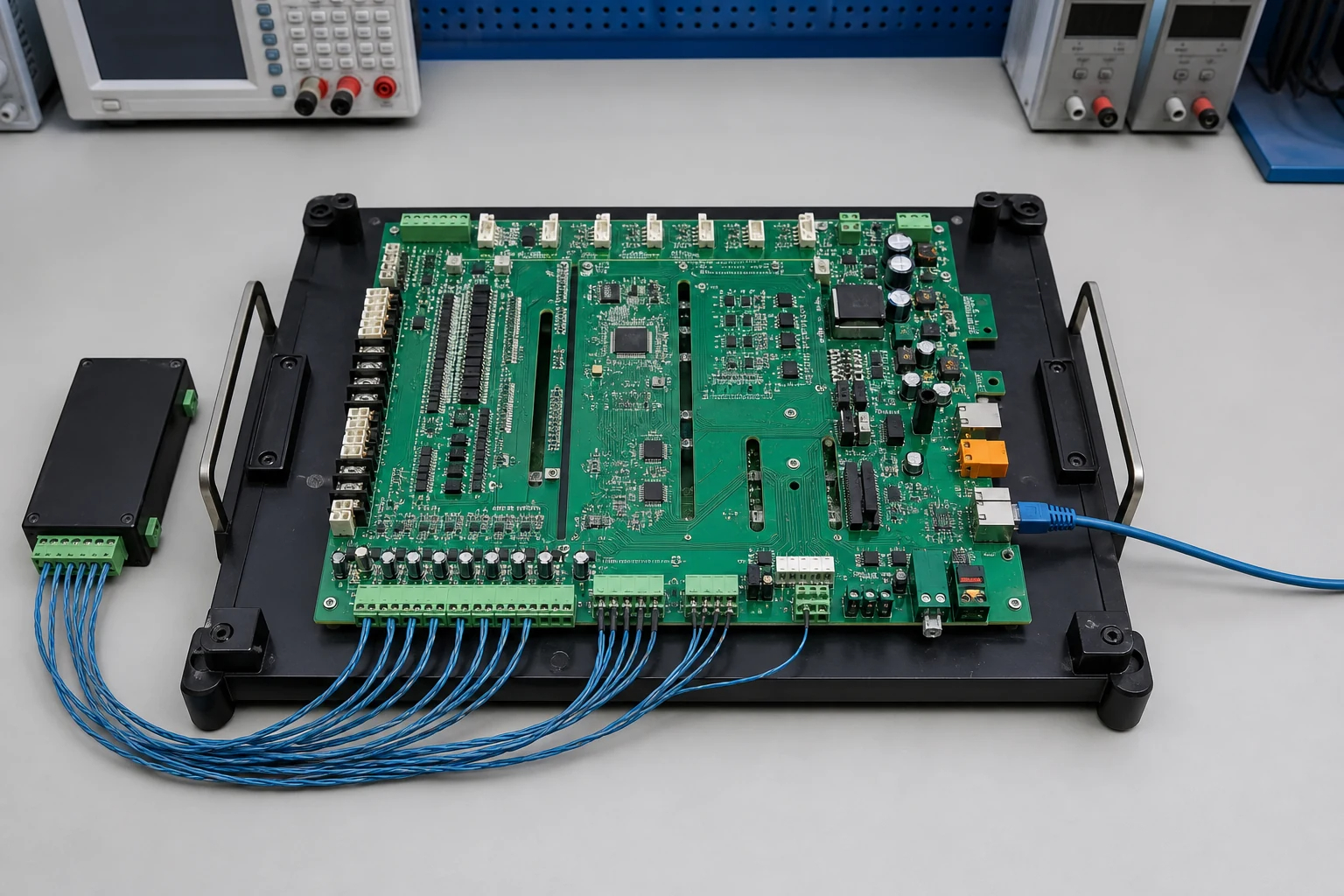 BMS PCBA production traceability station with programming equipment, calibration instruments, and barcode scanning