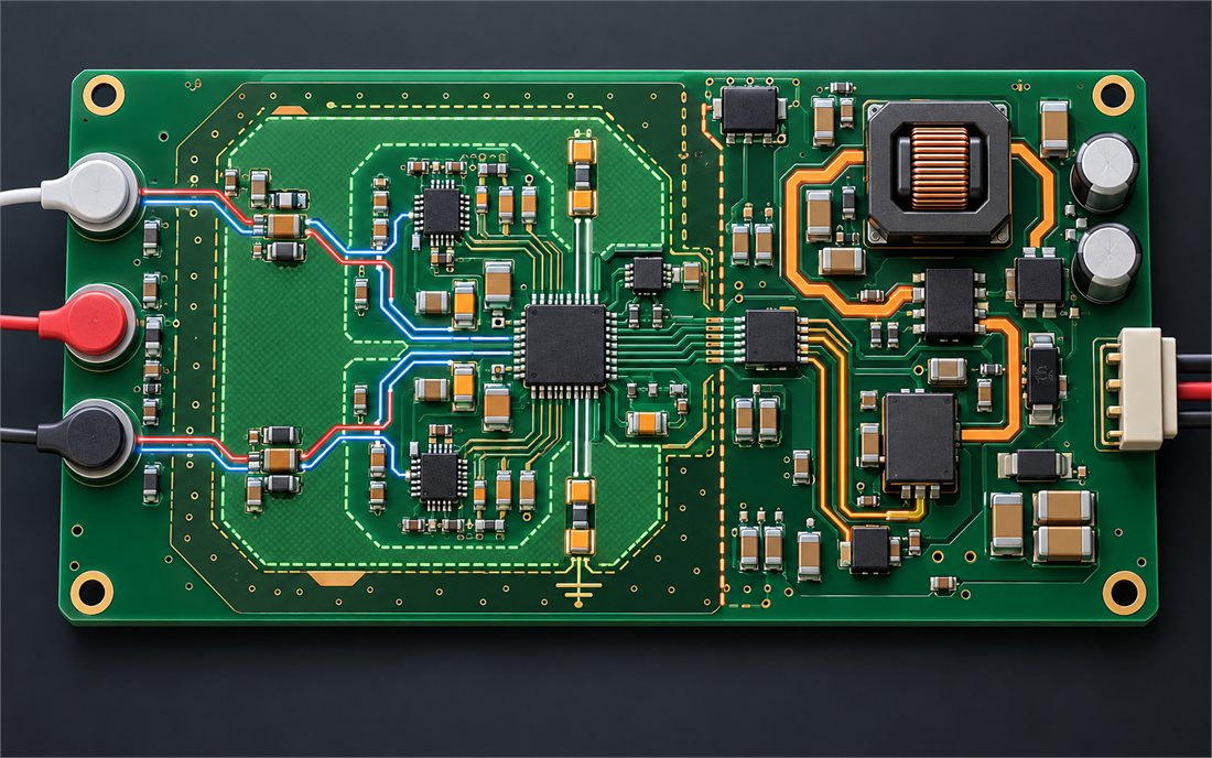 Medical PCB layout showing separated low-level sensor input and switching-power regions
