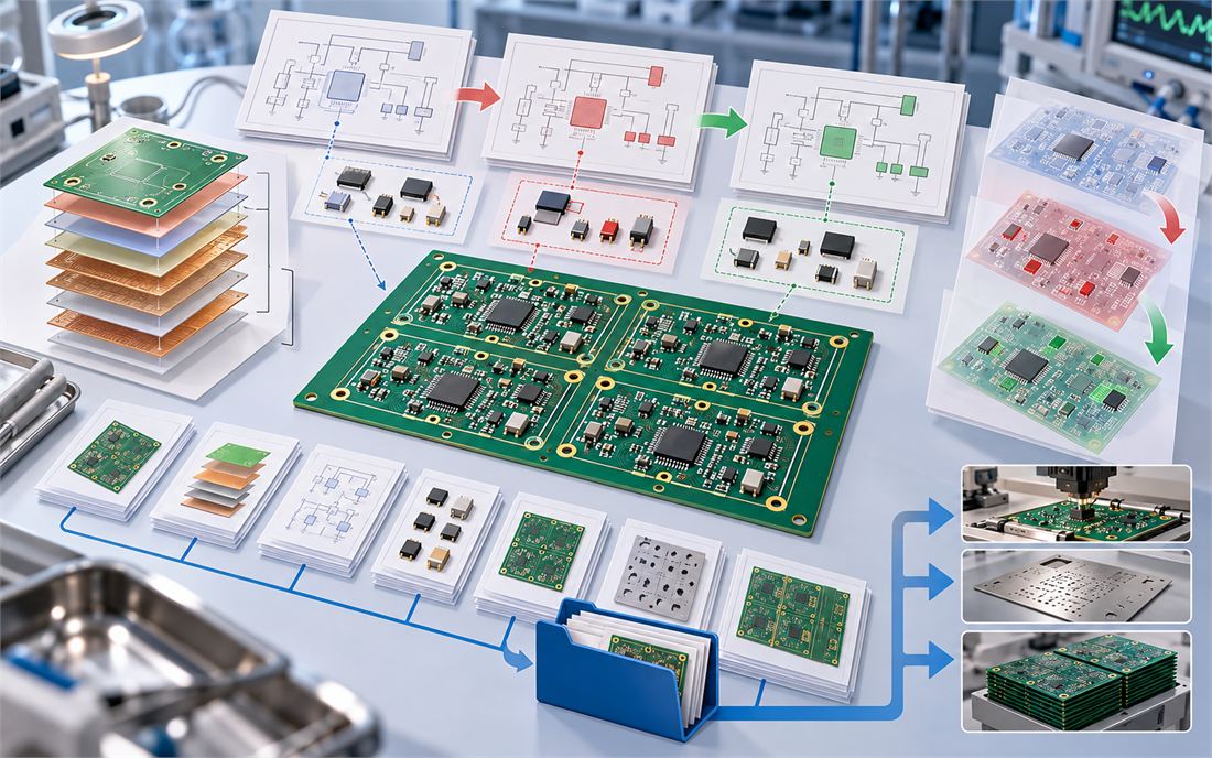 Medical PCB change-control workspace linking schematics, stackup, components, and fabrication release data
