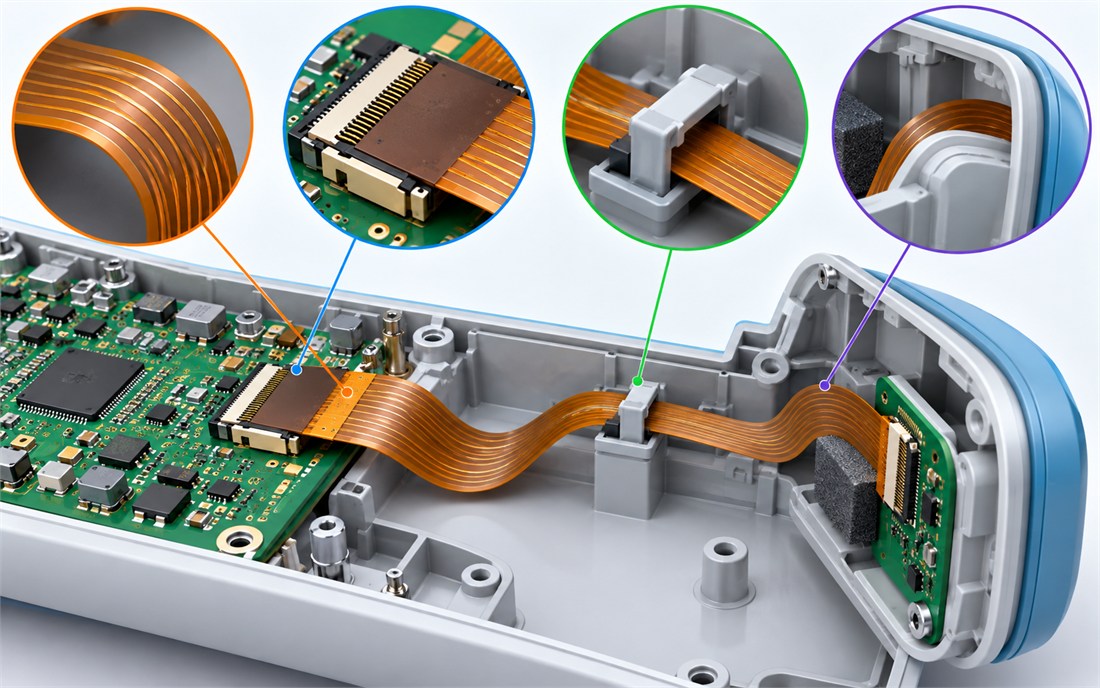 Medical PCB wearable connector area with flex strain relief and enclosure support features