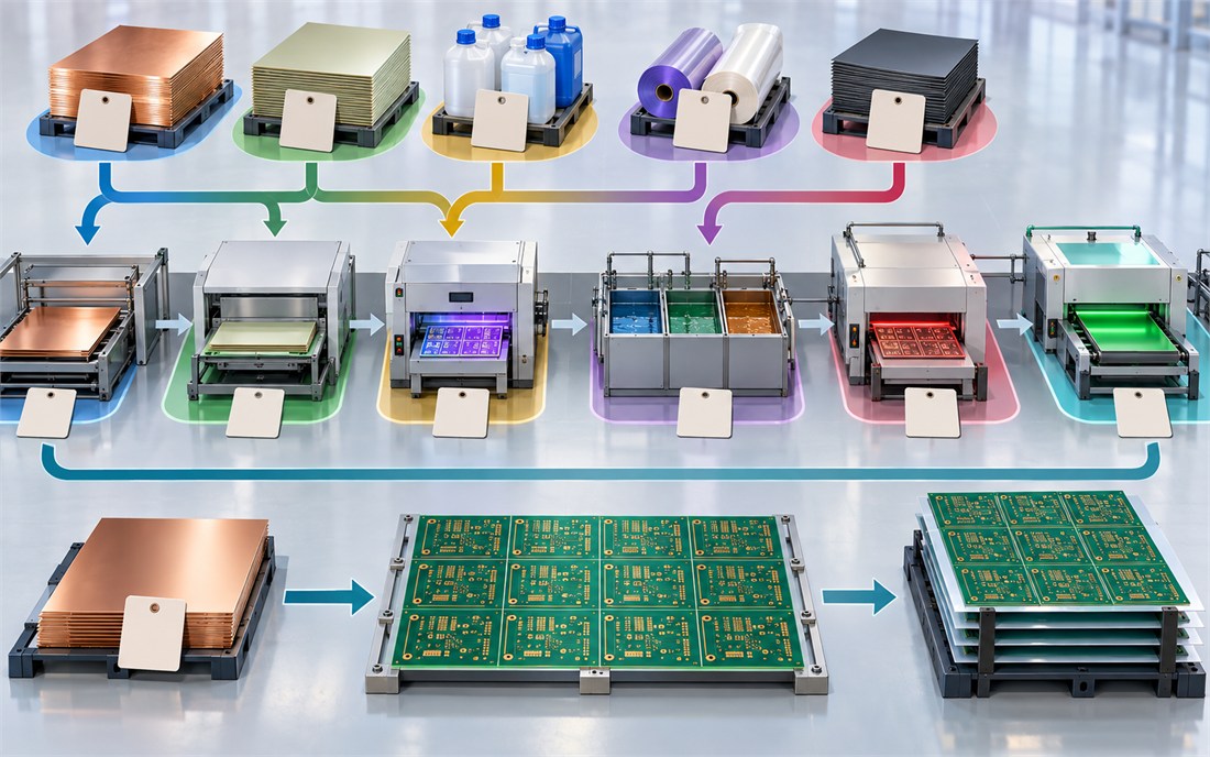 Medical PCB fabrication traceability flow from materials through panel processing to controlled lots