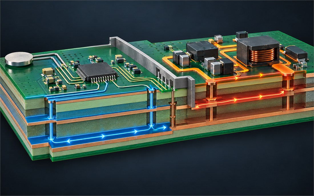 Medical PCB low-noise stackup with separated sensor and switching return paths