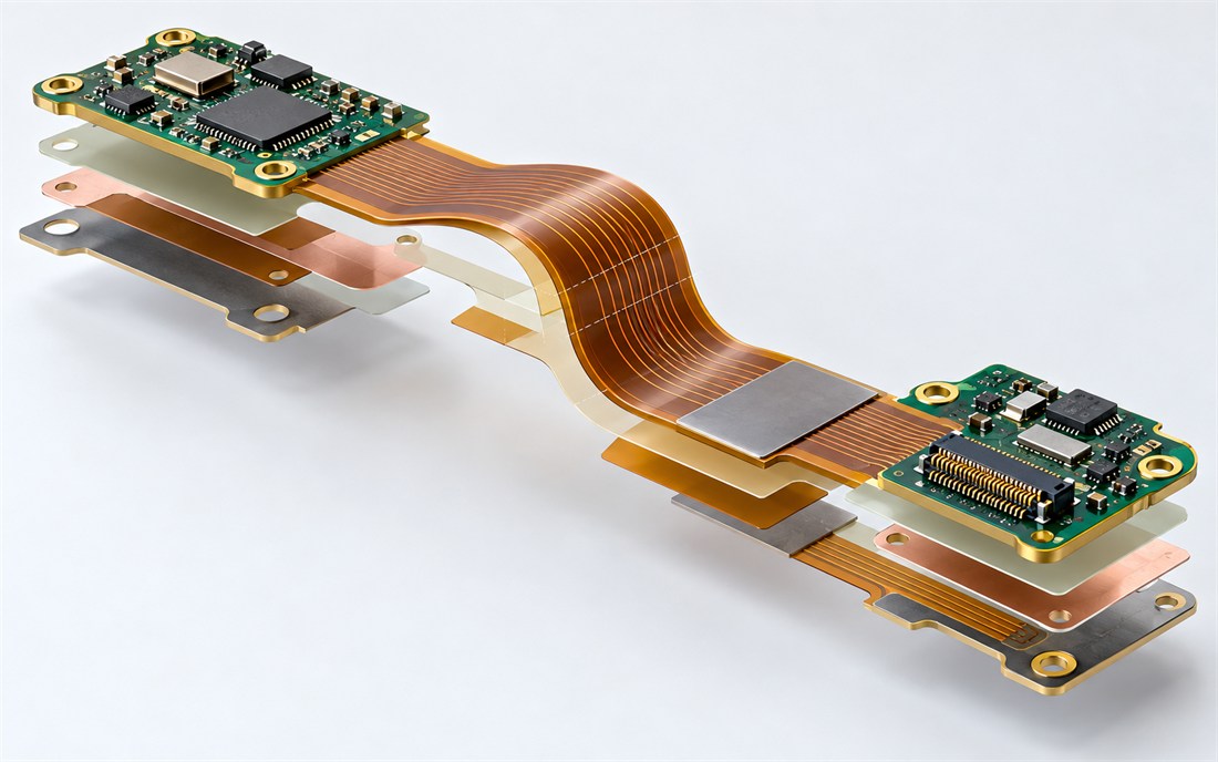 Medical PCB rigid-flex construction with bend zone, coverlay, and stiffener regions