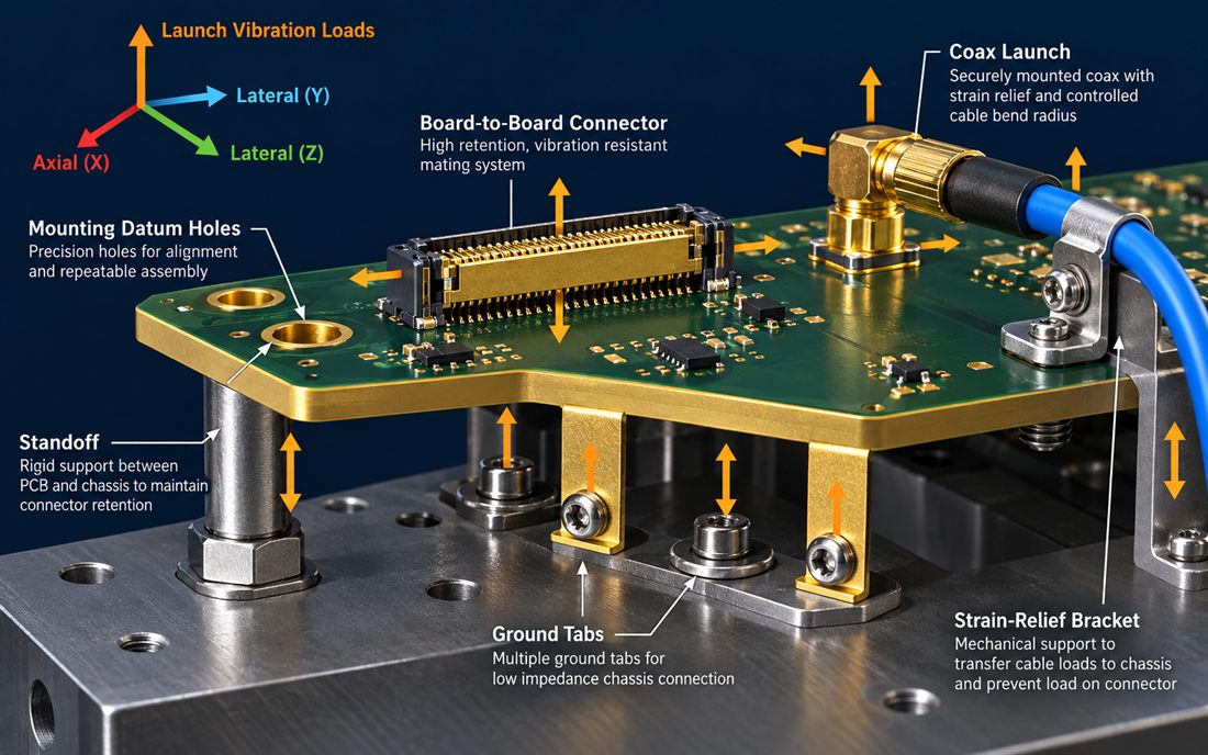 Satellite PCB connector retention