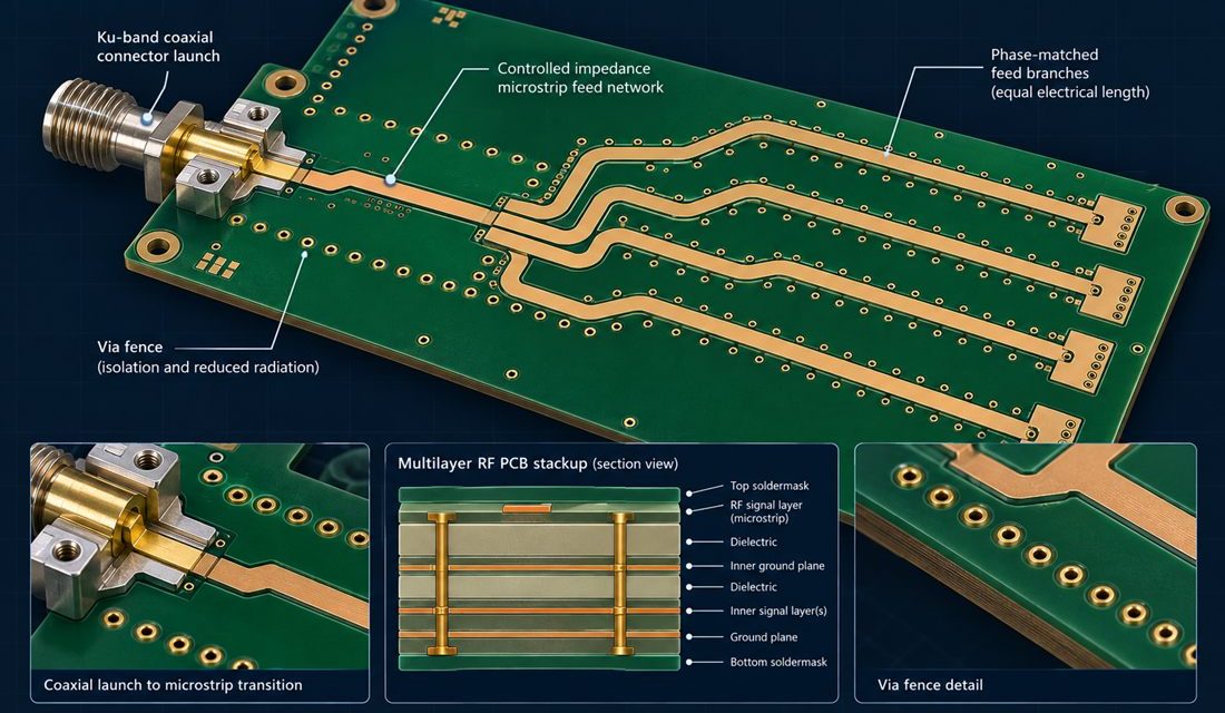 Satellite PCB Ku-Band Feed Networks: Preserving Phase Balance from Launch to Antenna