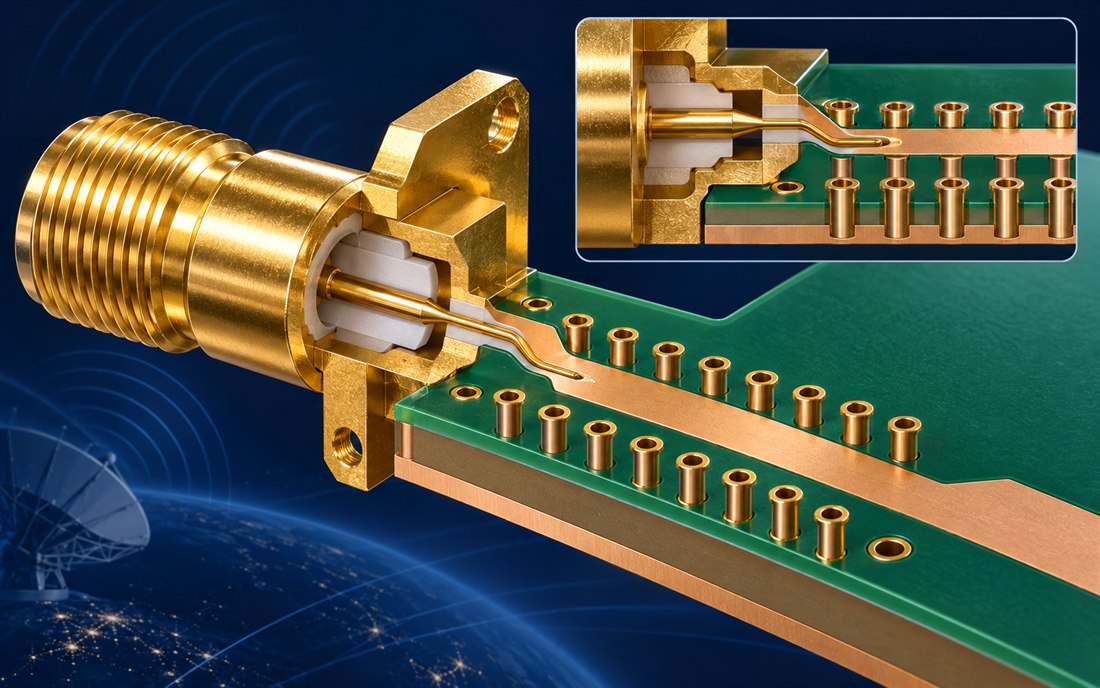Ku/Ka connector launch and return-via field Satellite PCB Launch Design