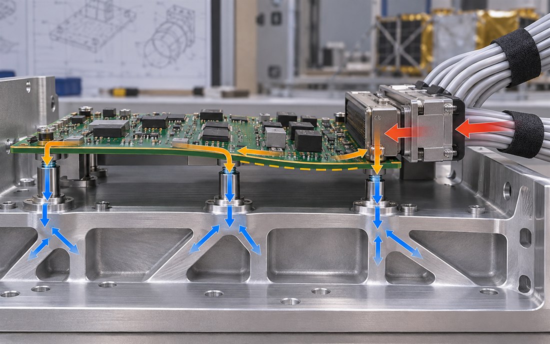 Board support around a launch-vibration interface Satellite PCB