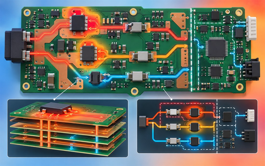 PCB power-copper heating and fault zones Satellite PCB