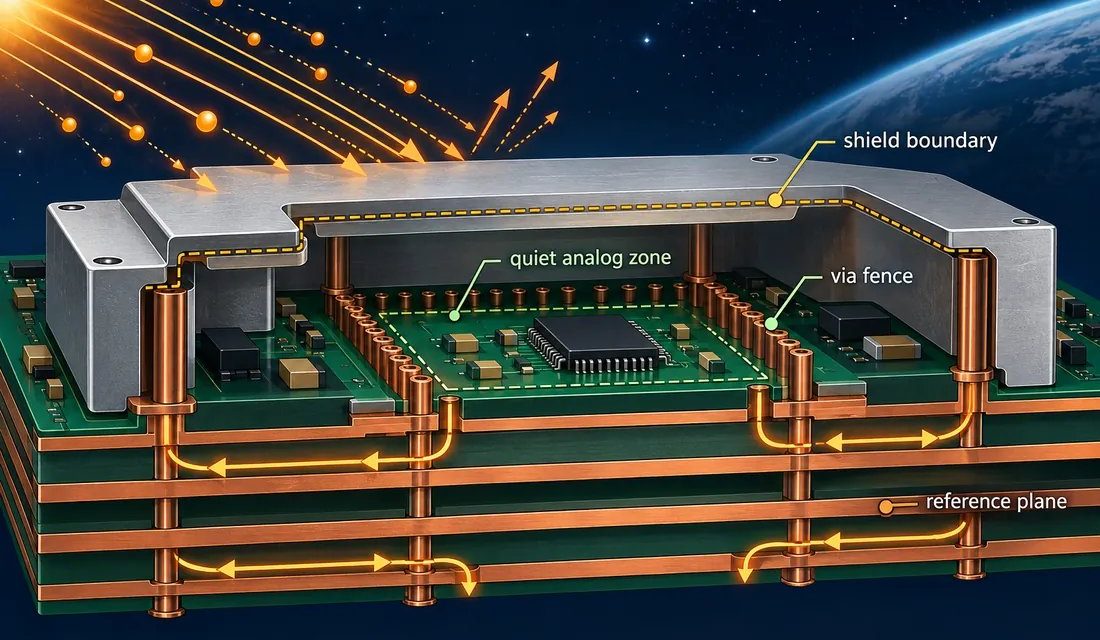 Satellite PCB Radiation Design for LEO Avionics: Dielectrics, Planes, and Shielded Returns