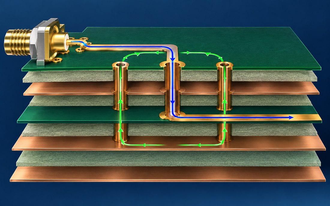 Multilayer signal and return-via transition Satellite PCB