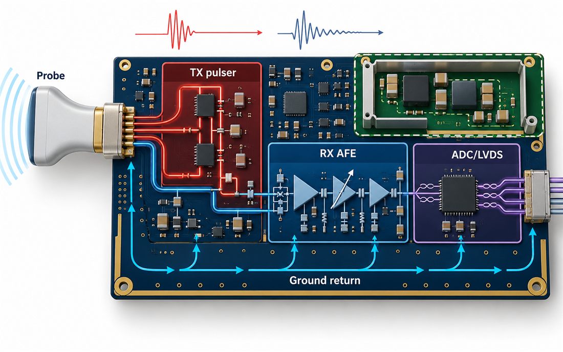 Probe, transmit pulser and receive AFE signal-chain layout Ultrasound PCB