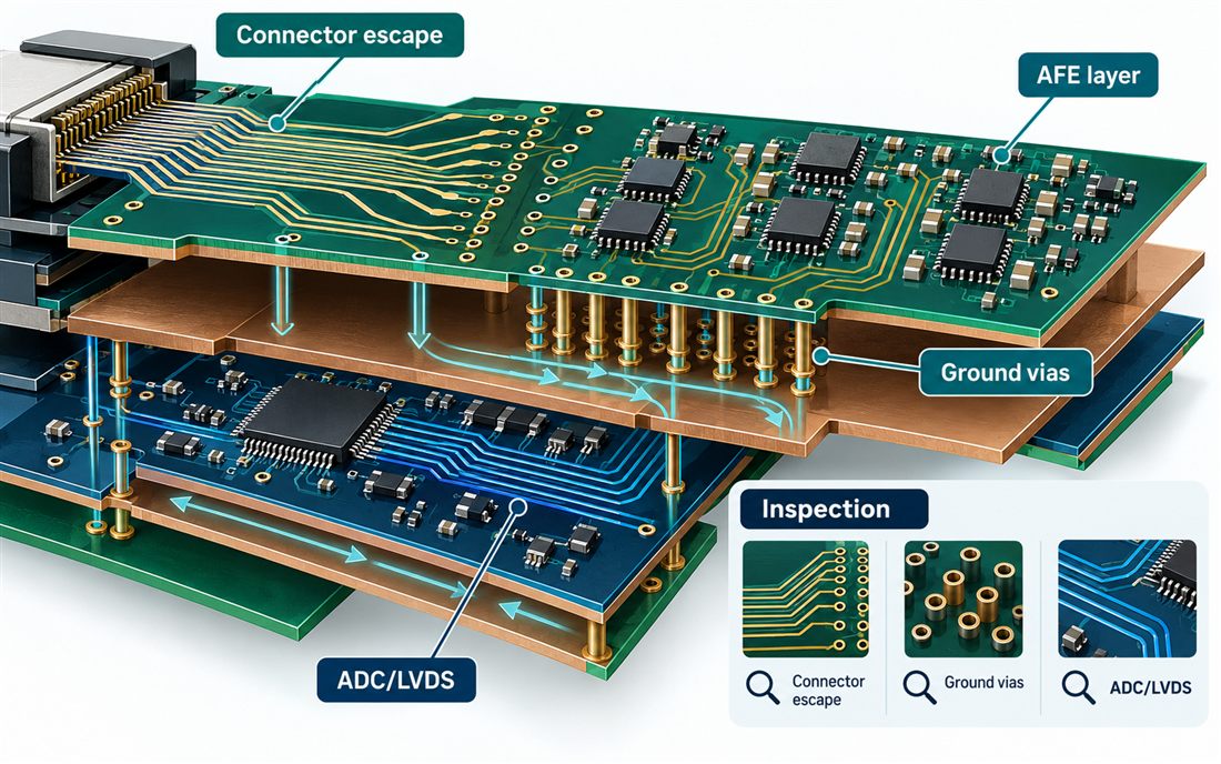 Ultrasound AFE multilayer cross-section and inspection points Ultrasound PCB